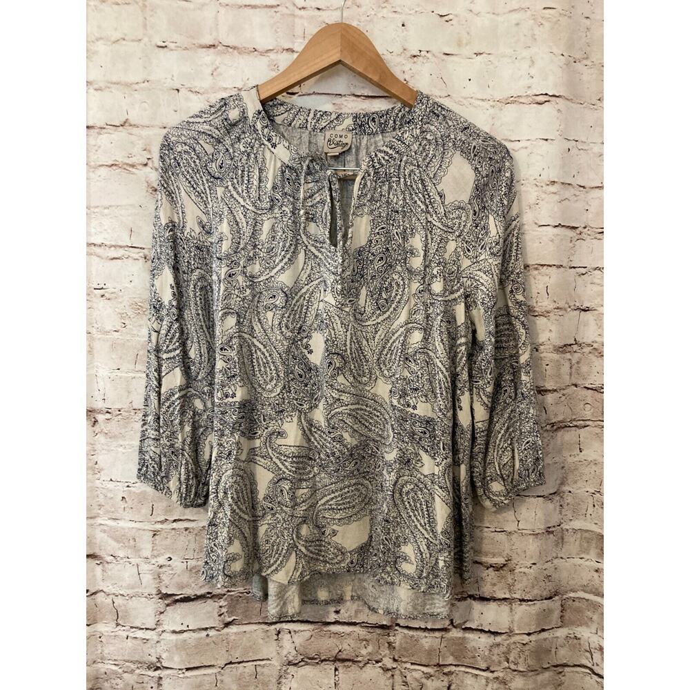 COCO Vintage Shirt Womens Small Navy Blue Paisley Tie Neck Peasant Prairie Rayon